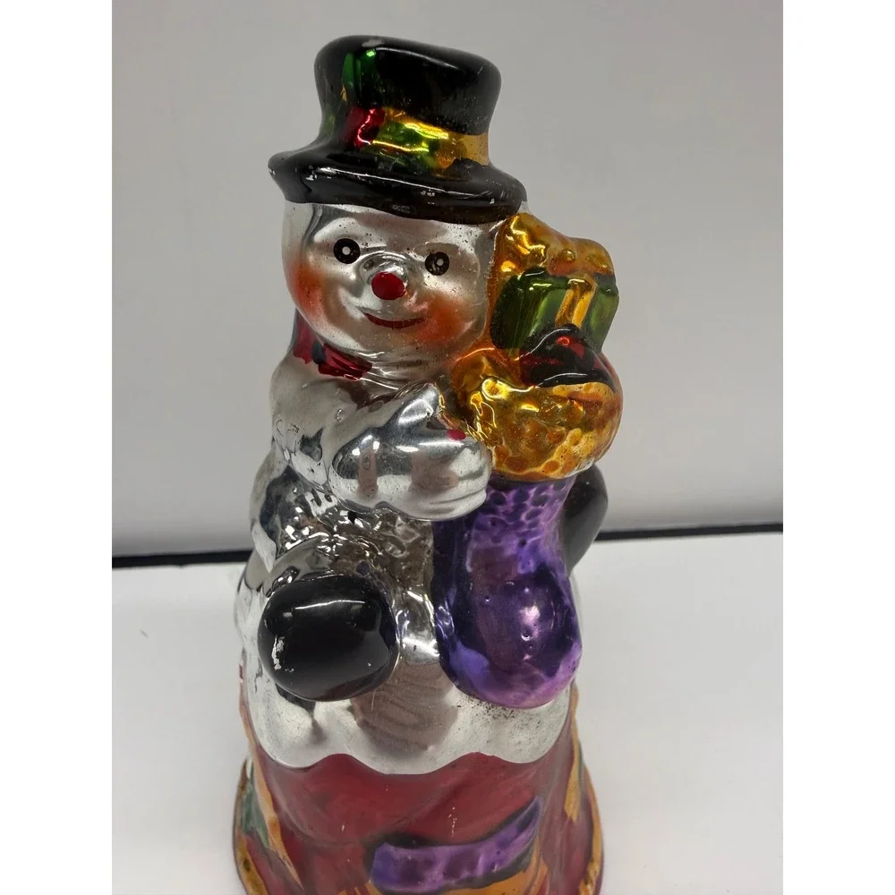Vintage Mercury Glass Snowman Christmas Bell Hand Painted Holiday Decor 7 Inch
